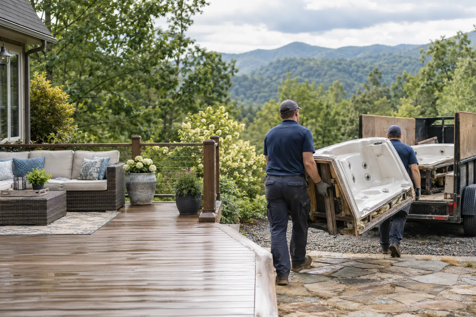 Workers carrying a dismantled hot tub section toward a trailer in a wooded backyard